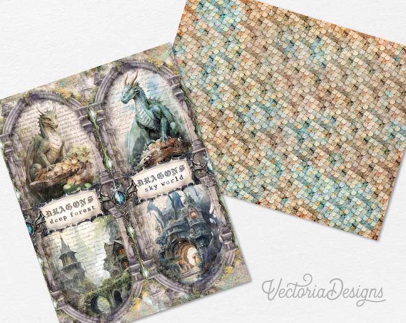 Puede incluir: Una hoja de papel digital con cuatro marcos arqueados ornamentados que contienen ilustraciones de dragones y arquitectura fant&aacute;stica con el texto Dragons Deep Forest y Dragons Sky World, junto a una segunda hoja de escamas de drag&oacute;n texturizadas.
