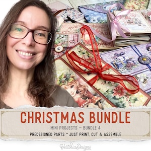 May include: A Christmas bundle of mini projects featuring predesigned parts for printing, cutting, and assembling. The collection includes various paper crafts with festive illustrations, red and pink ribbons, and decorative elements for holiday projects.