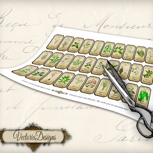 May include: A printable sheet of vintage-style herb labels with illustrations and names of various herbs, including Bay Leaves, Basil, Chives, and more. The sheet is printed on white paper and has a brown border. The text "Create your own World - We wish you an amazing day!" is printed at the bottom of the sheet.