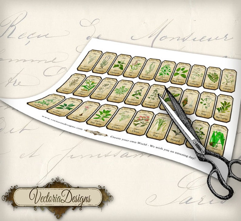 May include: A printable sheet of vintage-style herb labels with illustrations and names of various herbs, including Bay Leaves, Basil, Chives, and more. The sheet is printed on white paper and has a brown border. The text "Create your own World - We wish you an amazing day!" is printed at the bottom of the sheet.