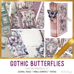 Gothic Butterflies Junk Journal Kit DELUXE, Gothic Crafting Printables Kit Butterfly Embellishments Printable Paper Craft Tutorial 003380