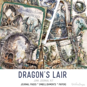 Dragon's Lair Junk Journal Kit, Dragon Junk Journal Kit Dragon Embellishments Junk Journal Papers Dragon Printable Dragon Craft kit - 003289
