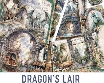 May include: A junk journal kit titled Dragon's Lair featuring printed pages and embellishments with illustrations of dragons, stone archways, castle ruins, and treasure chests. The paper designs include cursive alphabet letters and ornate frames.