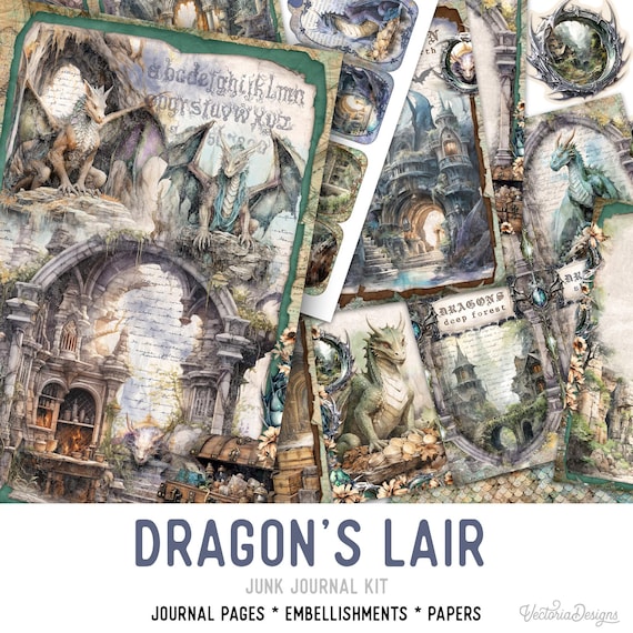 Dragon's Lair Junk Journal Kit, Dragon Junk Journal Kit Dragon Embellishments Junk Journal Papers Dragon Printable Dragon Craft kit - 003289