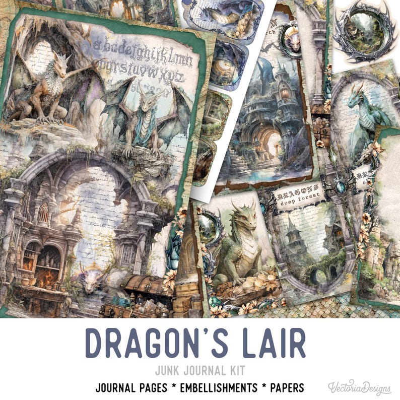 Puede incluir: Un kit de junk journal titulado Dragon's Lair que incluye p&aacute;ginas impresas y adornos con ilustraciones de dragones, arcos de piedra, ruinas de castillos y cofres del tesoro. Los dise&ntilde;os de papel incluyen letras cursivas y marcos ornamentados.