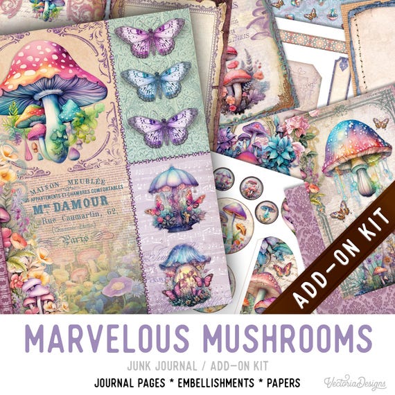 Marvelous Mushrooms Junk Journal Kit ADD-ON, Printable Pages, Embellishments, Papers - 003572