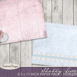 Puede incluir: Dos hojas de papel digital con un dise&ntilde;o shabby chic. La hoja superior es rosa con una rosa y un sello azul. La hoja inferior es azul con lunares blancos, una cinta azul y encaje blanco. Ambas hojas tienen un patr&oacute;n de cuadr&iacute;cula y el texto "Shabby Ledgers 8.5 x 11 INCH PAPER PACK - HORIZONTAL" est&aacute; en la parte inferior.