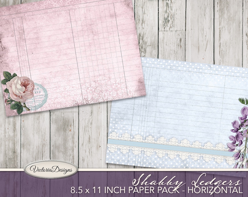 Puede incluir: Dos hojas de papel digital con un dise&ntilde;o shabby chic. La hoja superior es rosa con una rosa y un sello azul. La hoja inferior es azul con lunares blancos, una cinta azul y encaje blanco. Ambas hojas tienen un patr&oacute;n de cuadr&iacute;cula y el texto "Shabby Ledgers 8.5 x 11 INCH PAPER PACK - HORIZONTAL" est&aacute; en la parte inferior.
