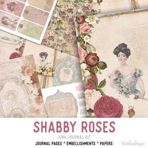 Shabby Roses Embellishments, Botanical Paper Crafting, Journaling Supplies, Vintage Rose Sheets, Flower Ephemera, DIY Collage Sheets 002307