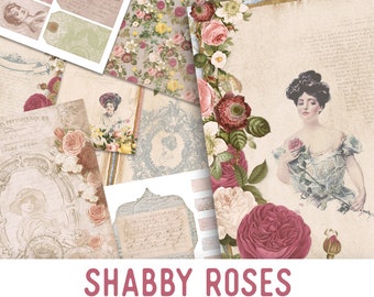 Shabby Roses Embellishments, Botanical Paper Crafting, Journaling Supplies, Vintage Rose Sheets, Flower Ephemera, DIY Collage Sheets 002307