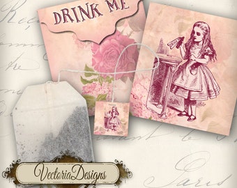 Printable Alice in Wonderland Tea Bag Holder envelope tag instant download digital collage sheet 000082