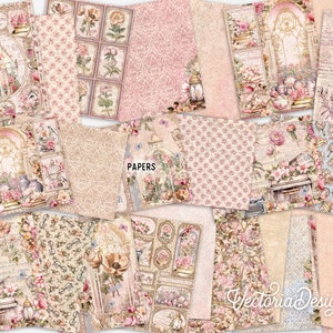 May include: A collection of 16 digital papers featuring a vintage floral theme with delicate pink and cream colors. The papers include floral patterns, text, and images of birds, cages, and lanterns. The papers are perfect for scrapbooking, card making, and other paper crafts.