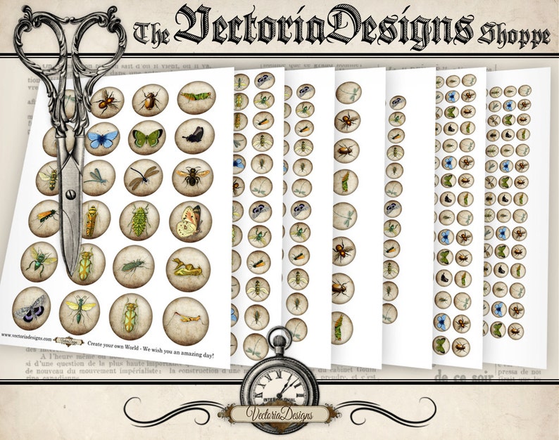 May include: A set of 10 printable sheets of vintage-style insect illustrations. Each sheet features a repeating pattern of insects, including butterflies, beetles, dragonflies, and caterpillars. The illustrations are in a muted color palette of browns, greens, and blues.