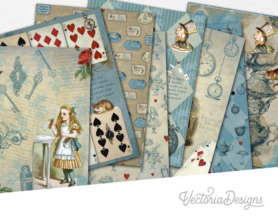 Alice In Wonderland Paper Pack, Printable Paper Pack, Digital Paper Pack, Mad Hatter Paper, Cheshire Cat, White Rabbit, DIY Paper 002070
