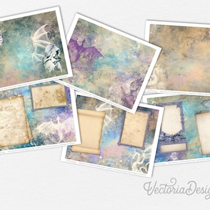May include: A set of six digital papers featuring a fantasy theme with dragons, scrolls, and ornate frames. The papers have a vintage, distressed look with a blue, purple, and white color scheme.