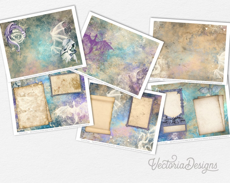 May include: A set of six digital papers featuring a fantasy theme with dragons, scrolls, and ornate frames. The papers have a vintage, distressed look with a blue, purple, and white color scheme.