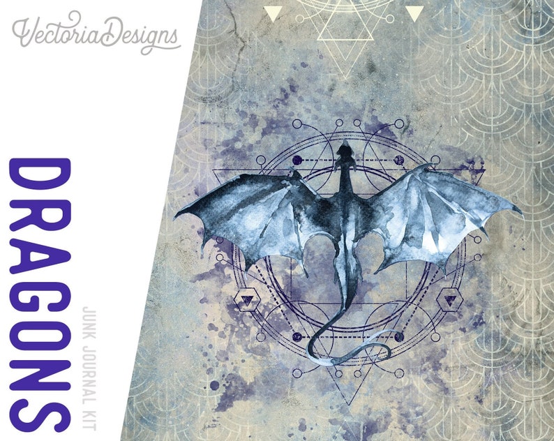 May include: A blue watercolor dragon with wings spread wide, flying in front of a geometric pattern. The dragon is surrounded by a circle of smaller circles and a triangle. The background is a light blue and gray watercolor wash.
