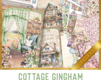 Cottage Gingham DELUXE Junk Journal Kit, Cottage Crafting Printables Embellishments Cottagecore Printable Gingham Paper Junk Journal 003543