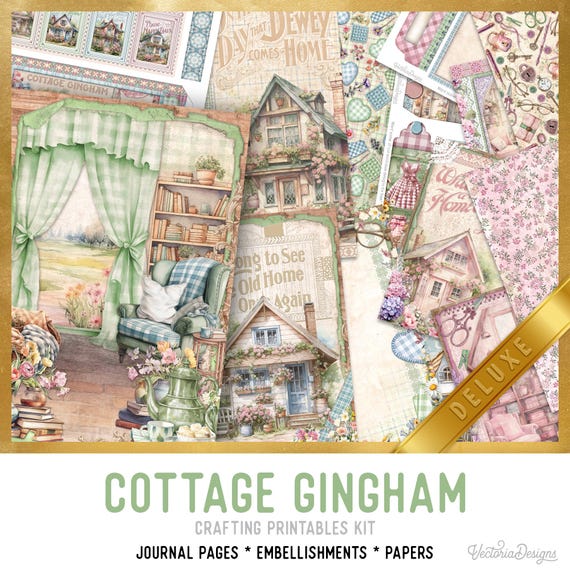 Cottage Gingham DELUXE Junk Journal Kit - Printable Pages, Papers and Embellishments for Crafting - 003543