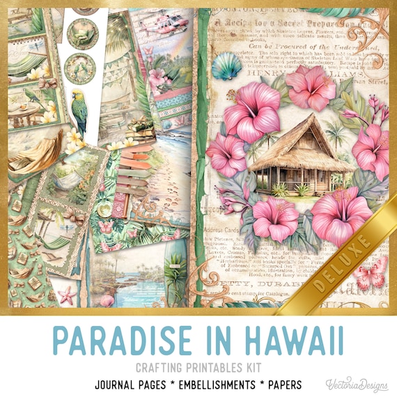Paradise in Hawaii Junk Journal Kit DELUXE - Printable Pages, Papers and Embellishments for Crafting - 003432