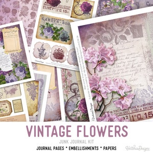 Vintage Flowers Junk Journal Kit, Printable Journal Kit, Journal Digital, Journal Scrapbook DIY Kit, Junk Journal Ephemera Supplies   002061