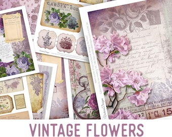 Vintage Flowers Junk Journal Kit, Printable Journal Kit, Journal Digital, Journal Scrapbook DIY Kit, Junk Journal Ephemera Supplies   002061