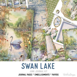 Può includere: Una collezione di carta e abbellimenti per scrapbook con il tema del lago dei cigni. L'immagine presenta illustrazioni ad acquerello di cigni, acqua e fogliame. Il testo include "Swan Lake" e "Junk Journal Kit".