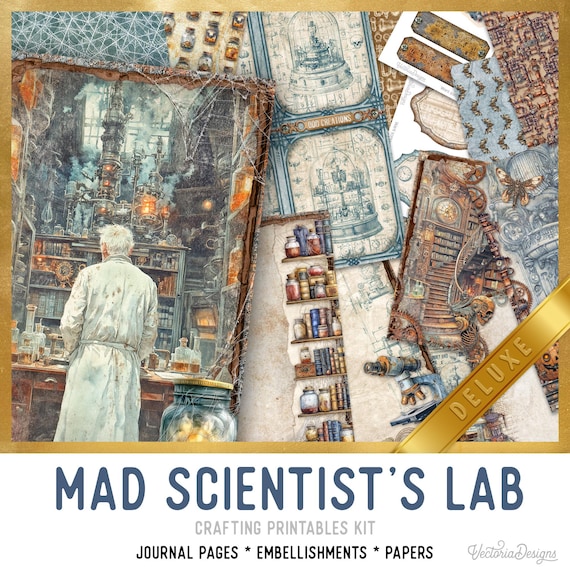 Mad Scientist Junk Journal Kit DELUXE - Printable Pages, Papers and Embellishments - 003845