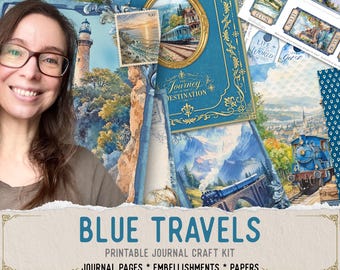 Blue Travels Junk Journal Kit (Standard) - Printable Pages, Papers and Embellishments for Crafting - 004044