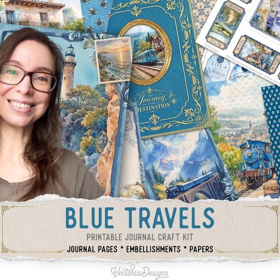 Blue Travels Junk Journal Kit (Standard) - Printable Pages, Papers and Embellishments for Crafting - 004044