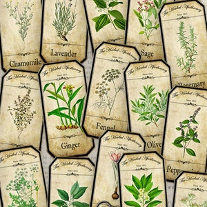May include: A vintage-style collage featuring botanical illustrations of herbs and spices, including chamomile, lavender, and ginger, on aged paper tags. The text "The Herbal Apothecary" and "Since 1833" are visible on each tag. A pocket watch and scissors are also present.