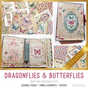 Dragonflies & Butterflies Junk Journal Kit DELUXE, Crafting Printables Kit Butterfly Junk Journal Embellishments Paper Craft Kits 003001