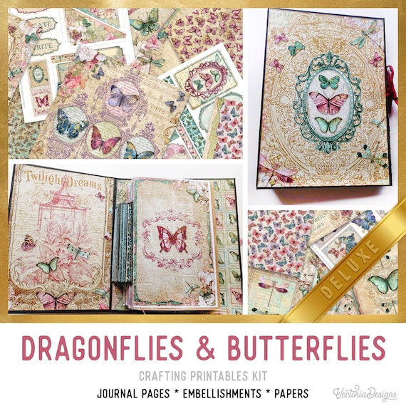 Dragonflies & Butterflies Junk Journal Kit (DELUXE) - Printable Pages, Papers and Embellishments for Crafting - 003001