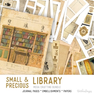 Könnte beinhalten: Ein digitales Scrapbooking-Set mit einem Vintage-Bibliotheks-Thema. Das Set enthält Journal-Seiten, Verzierungen und Papiere mit Bildern von Büchern, einem Bücherregal und einem Sekretär. Der Text "Library. Beekcase & Secretaire." ist im Bild sichtbar.