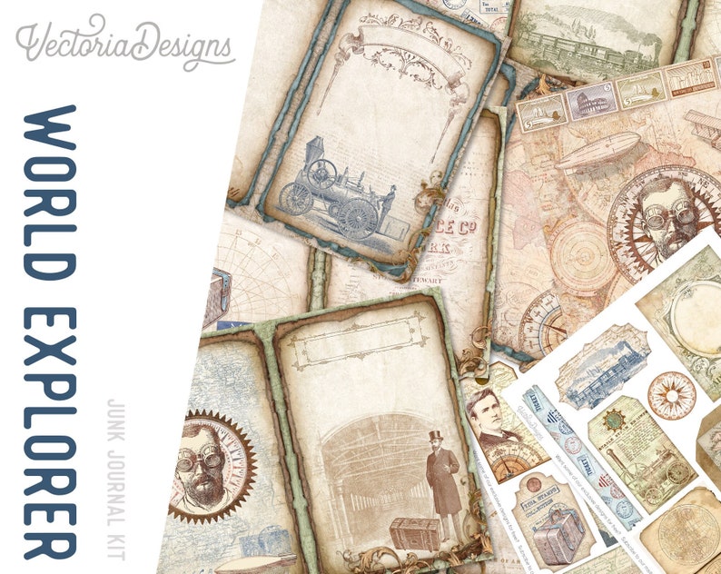 May include: A collection of vintage-style paper ephemera for junk journaling. The "World Explorer" kit features aged paper with illustrations of trains, maps, and portraits, with the text "World Explorer" and "Junk Journal Kit". The color palette includes beige, blue, and brown.