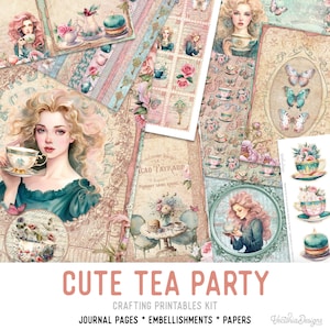 Cute Tea Party Junk journal Kit, Tea Party Crafting Printables Kit Junk Journal Embellishments Paper Pack Tea Craft Kits Tea Party 003059