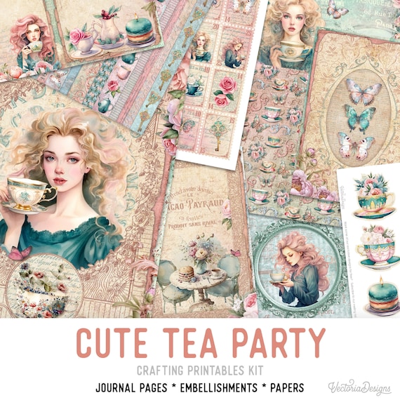 Tea Party Junk Journal Kit (Standard) - Printable Pages, Papers and Embellishments for Crafting - 003059
