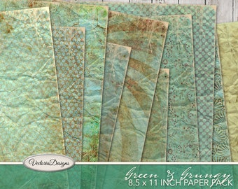 Green Grunge Paper Pack printable 8.5 x 11 inch vintage junk journal paper crafting scrapbook instant download digital - 001925