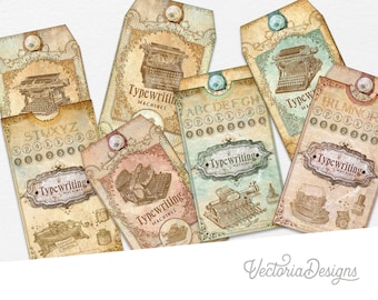 Old Typewriters Tags With Pockets, Printable Tags, Junk Journal Embellishments, Printable Pockets, Scrapbooking Supplies, DIY Tags - 002582