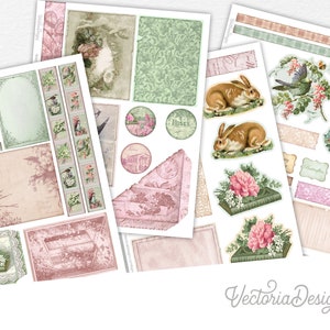 Shabby Spring Embellishment Sheets, Botanical Paper Pack, Bird Digital Papers, Animal Journal Supplies, Printable Scrapbook Papers 002466