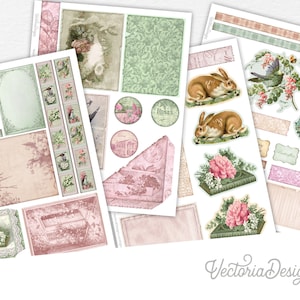 Shabby Spring Embellishment Sheets, Paper Pack, Bird Digital Papers, Animal Journal Supplies, Printable Scrapbook Papers 002466