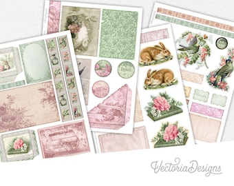 Shabby Spring Embellishment Sheets, Botanical Paper Pack, Bird Digital Papers, Animal Journal Supplies, Printable Scrapbook Papers 002466