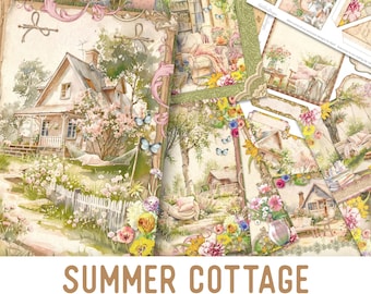 Summer Cottage Junk Journal Kit (Standard) - Printable Journal Craft Kit with Journal Pages, Embellishments & Papers - 003948