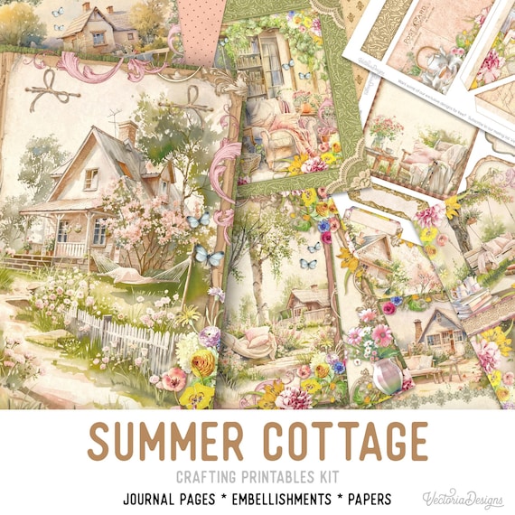 Summer Cottage Junk Journal Kit (Standard) - Printable Pages, Papers and Embellishments for Crafting - 003948