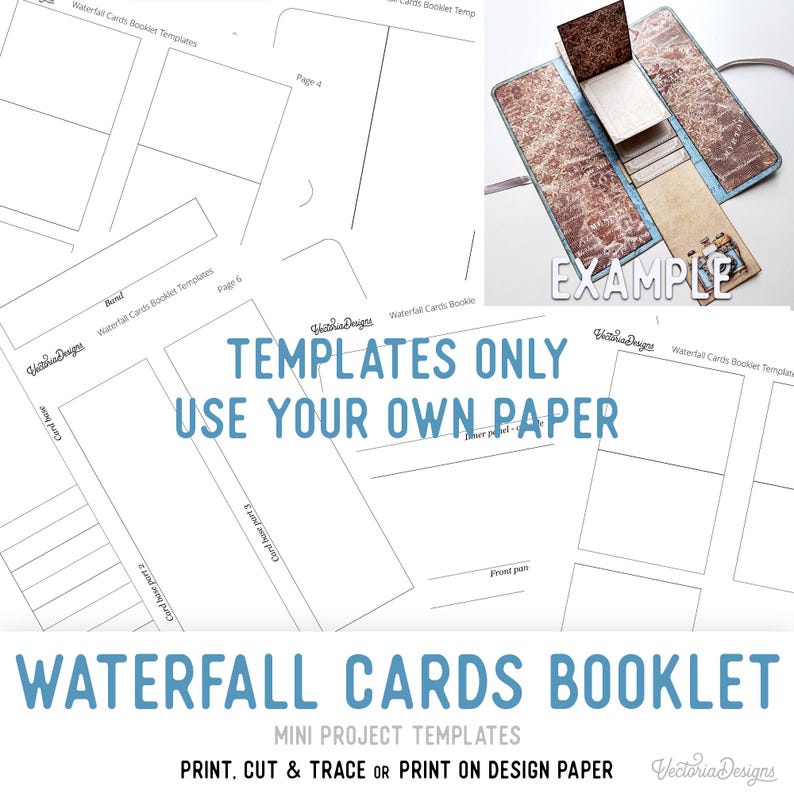 Może przedstawiać: Zestaw szablon&oacute;w papierowych do druku na broszurę z kartkami typu wodospad, z czarnymi konturami na białych arkuszach. Tekst brzmi: TEMPLATES ONLY USE YOUR OWN PAPER, WATERFALL CARDS BOOKLET, MINI PROJECT TEMPLATES, PRINT, CUT & TRACE OR PRINT ON DESIGN PAPER.