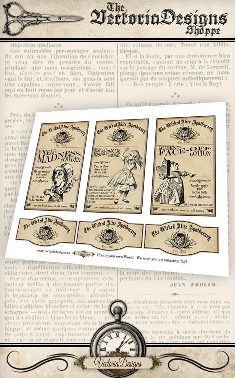 Wicked Alice in Wonderland Apothecary Labels Labels Tags printable images instant download digital collage sheet 000727 image 2