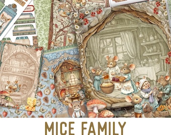 Mice Family Junk Journal Kit (Standard) - Printable Craft Kit with Journal Pages, Embellishments & Papers - 003808