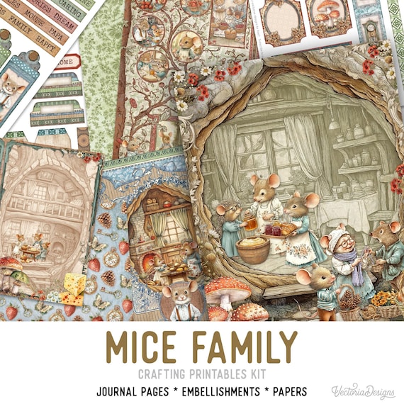Mice Family Junk Journal Kit (Standard) - Printable Pages, Papers and Embellishments for Crafting - 003808