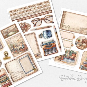 Pode incluir: Um pacote de papel digital com ilustra&ccedil;&otilde;es de livros, uma m&aacute;quina de escrever, uma pena, &oacute;culos e um ambiente de biblioteca vintage. O pacote de papel inclui molduras, etiquetas e etiquetas de diferentes formas e tamanhos. O texto "BOOKS STUDY WRITE NOTE PEN QUILL LEARN FREE A EDUCATION THE EXPERT IN ANYTHING WAS ONCE A BEGINNER BE THAT YOU READ THE MORE THINGS YOU WILL KNOW" est&aacute; inclu&iacute;do no pacote de papel.