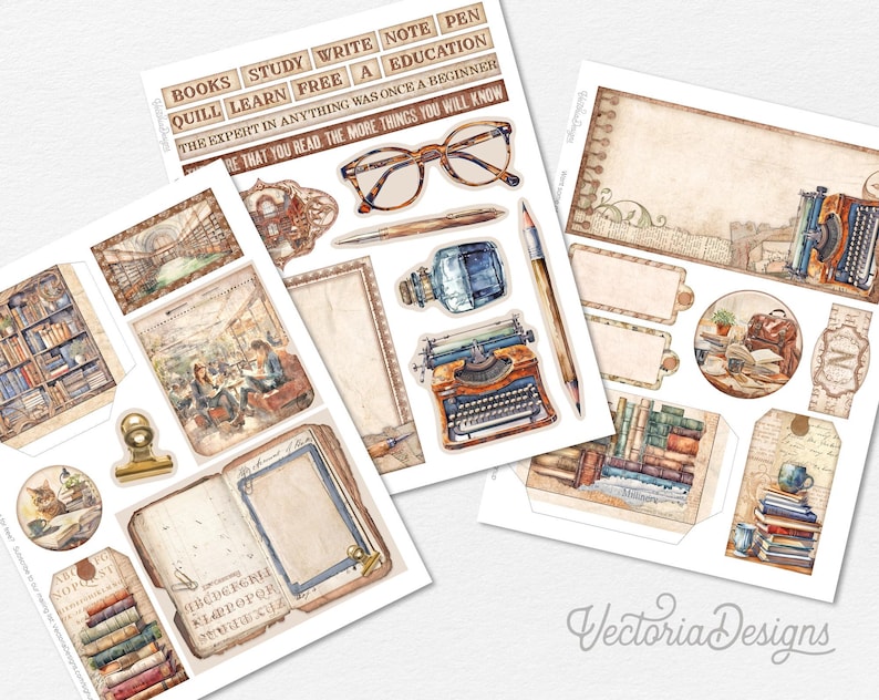 Pode incluir: Um pacote de papel digital com ilustra&ccedil;&otilde;es de livros, uma m&aacute;quina de escrever, uma pena, &oacute;culos e um ambiente de biblioteca vintage. O pacote de papel inclui molduras, etiquetas e etiquetas de diferentes formas e tamanhos. O texto "BOOKS STUDY WRITE NOTE PEN QUILL LEARN FREE A EDUCATION THE EXPERT IN ANYTHING WAS ONCE A BEGINNER BE THAT YOU READ THE MORE THINGS YOU WILL KNOW" est&aacute; inclu&iacute;do no pacote de papel.